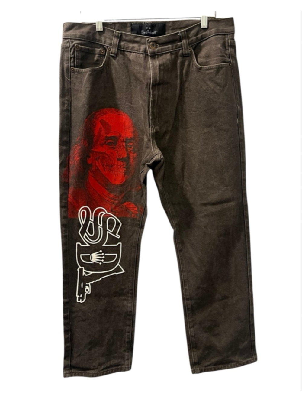 SDL Sky's Da Limit Gray Benjamin Franklin Skull Graphic Jeans 36x30 Denim Pants
